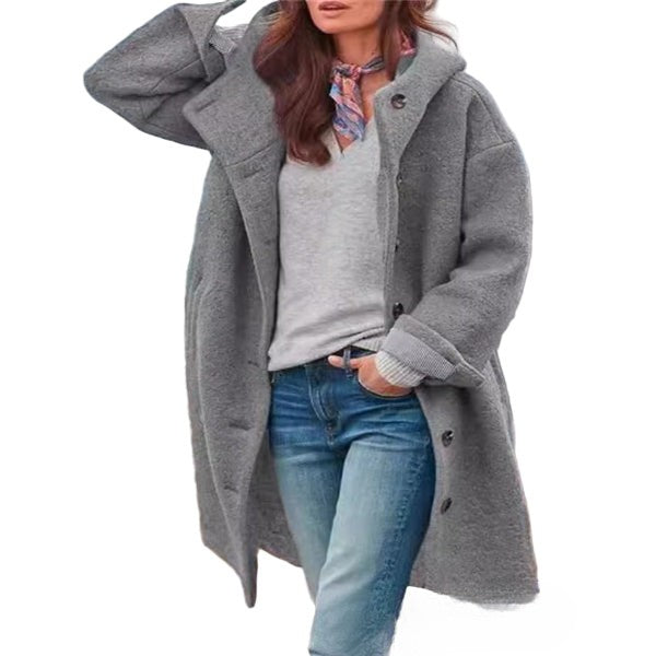 Women’s Full-Length Coat – Oversized Fit – Wool Feel – Hooded – Button Front – Pockets