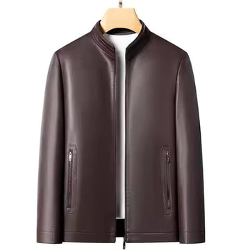 Men’s Leather Jacket – Slim Fit – Stand-Up Collar – Minimalist Zip Closure