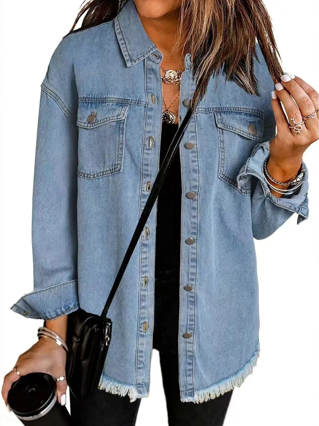 Women’s Denim Jacket – Relaxed Fit – Frayed Hem – Button Front – Casual Outerwear