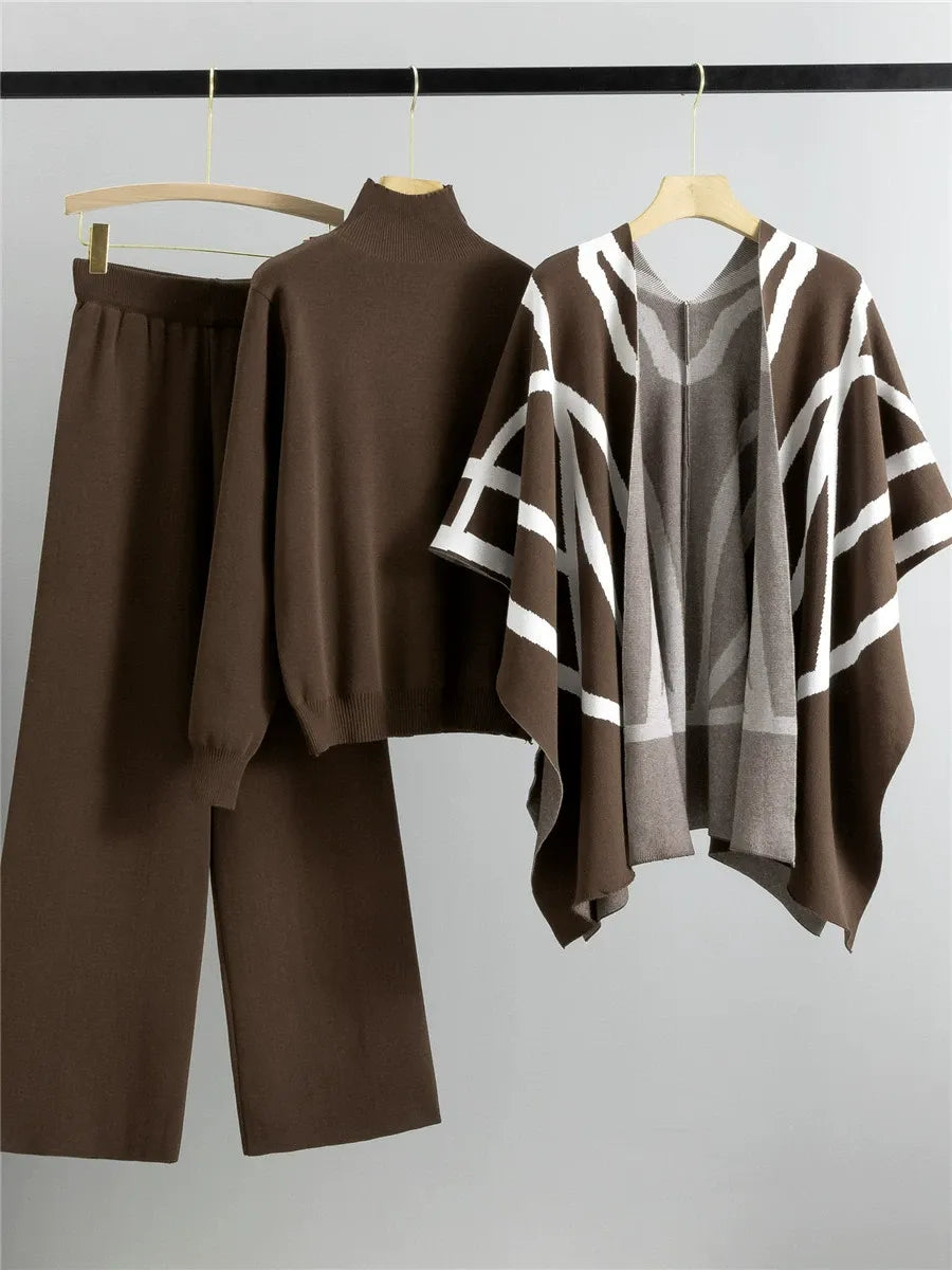 Women’s Three-Piece Shawl Cape – Knitted Fabric – Geometric Pattern – Open Front – Relaxed Fit