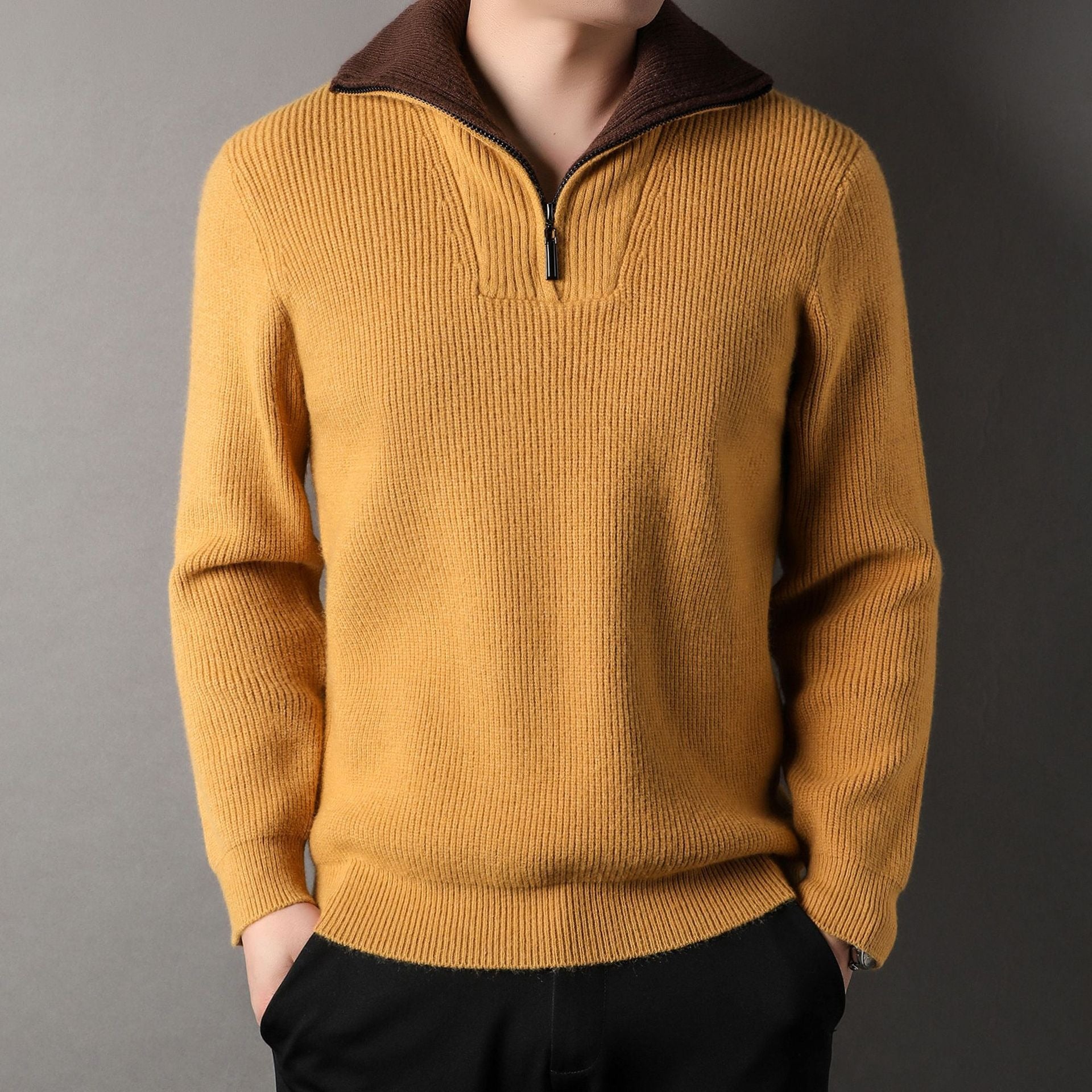 Men’s Pullover Sweater – Relaxed Fit – Ribbed Knit Wool – Zipper Standing Collar