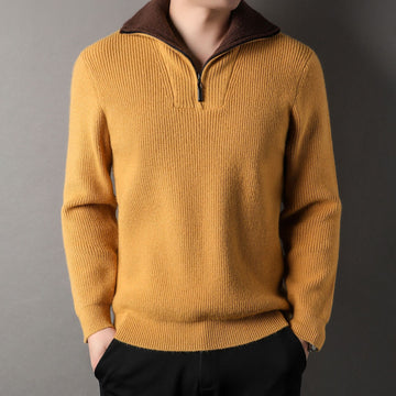 Men’s Pullover Sweater – Relaxed Fit – Ribbed Knit Wool – Zipper Standing Collar