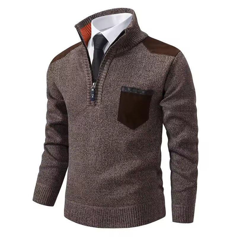 Men’s Pullover Sweater – Wool Knit – Regular Fit – Half-Zip with Shoulder Patches