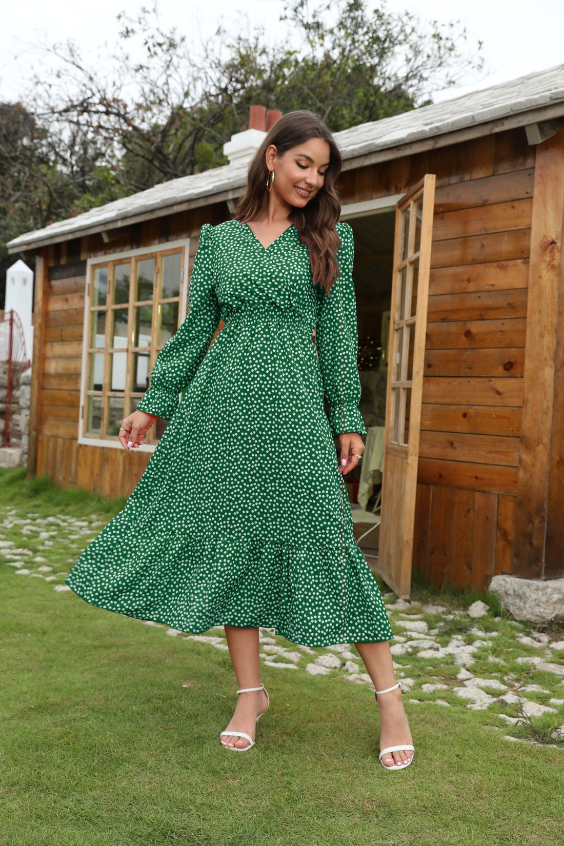 Women’s Midi Dress – V-Neck – Long Sleeve – Polka Dot – Flared Tiered Skirt – Cotton Feel