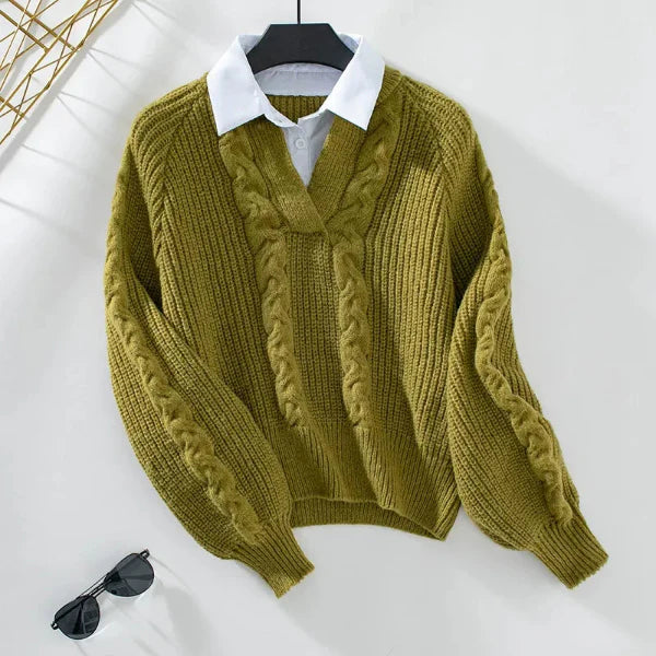 Women’s Knit Sweater – Relaxed Fit – Cable Knit – Faux Layered Shirt Collar – Balloon Sleeves