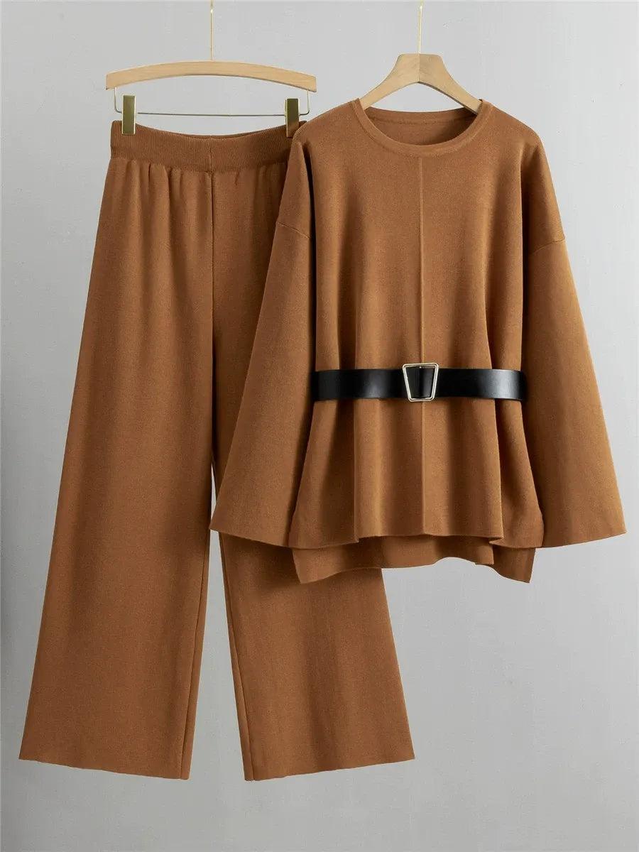 Women’s Two-Piece Suit – Knit Sweater with Belt – High-Waisted Wide-Leg Pants
