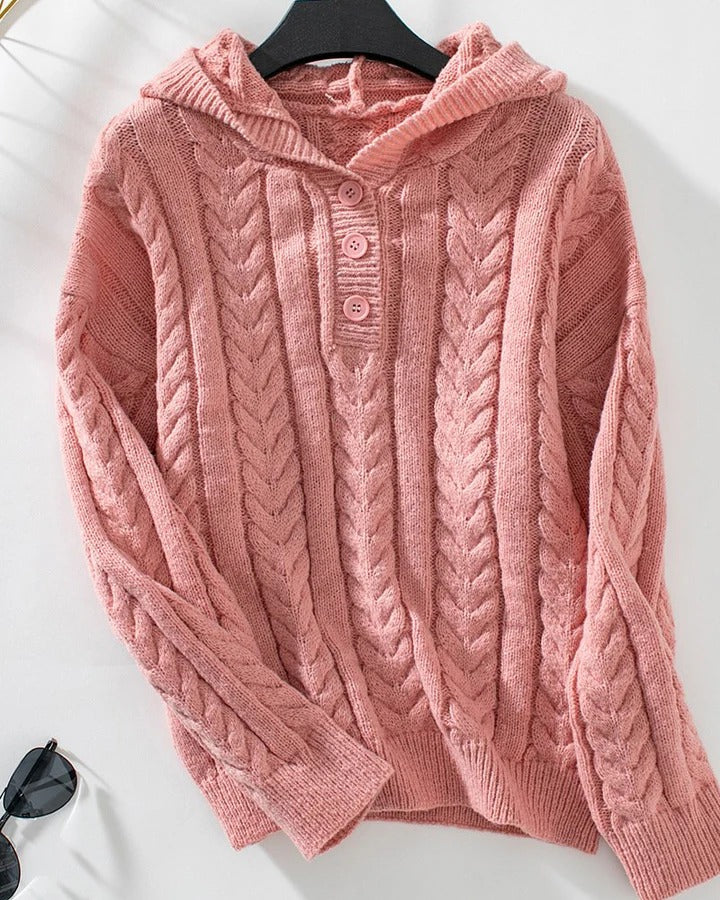 Women’s Knitted Top – Relaxed Fit – Wool Blend – Cable Knit – Henley Neck – Long Sleeve