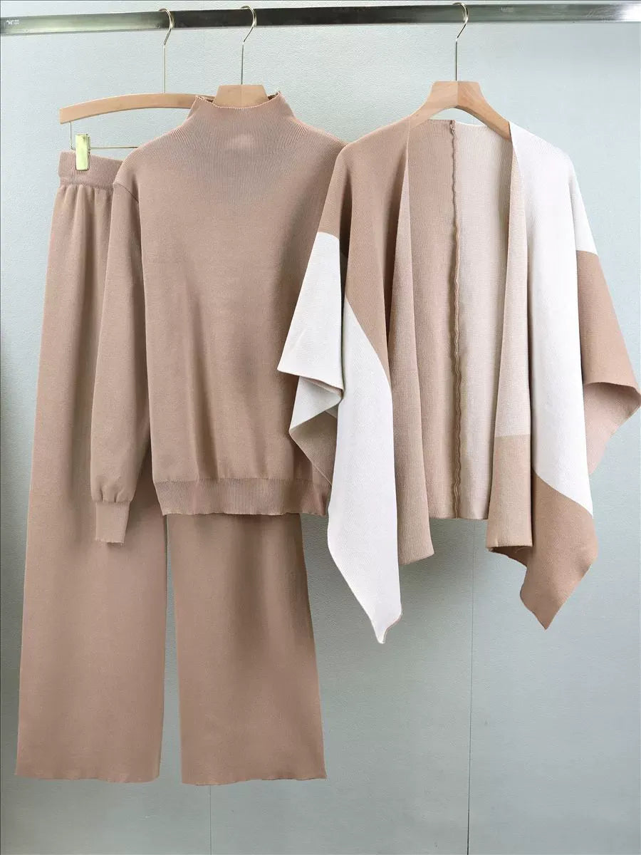 Women’s Three-Piece Knitted Suit Set – Relaxed Mock Neck Sweater – Wide-Leg Pants – Open-Front Cape
