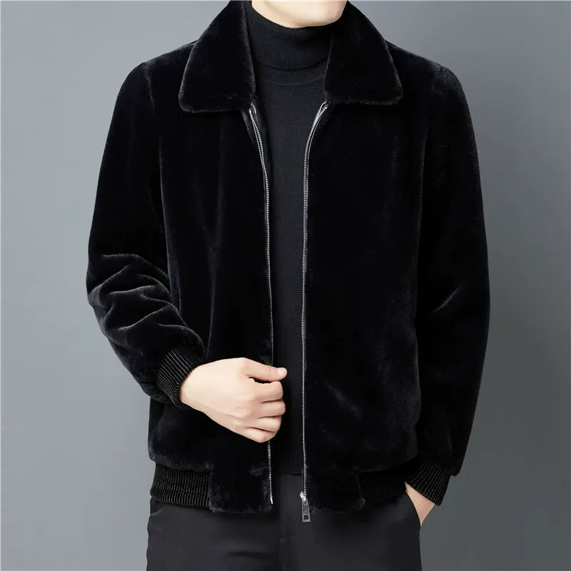 Men’s Short Coat – Regular Fit – Plush Imitation Fur – Ribbed Cuffs – Zipper Closure