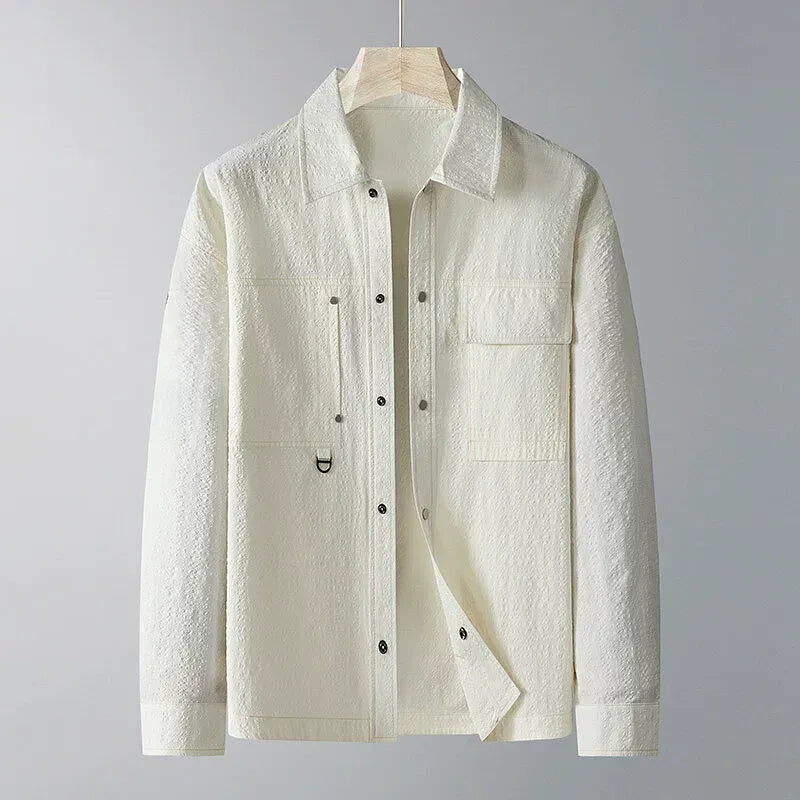 Men’s Jacket – Loose Fit – Textured Fabric – Pointed Lapel – Chest Pockets – D-Ring Accent