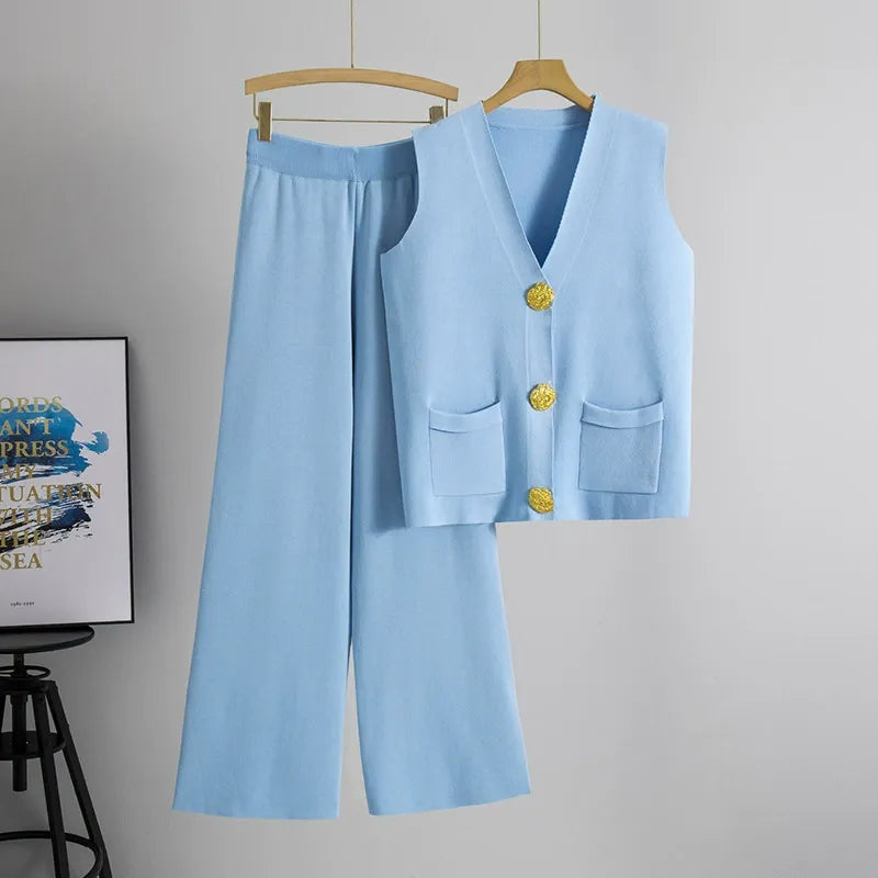 Women’s Two-Piece Set – Knitted Vest with Buttons – Wide-Leg Pull-On Trousers