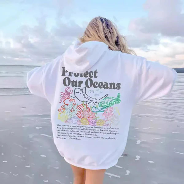 Women’s Hooded Sweatshirt – Oversized Fit – Cotton Feel – Ocean Graphic Print