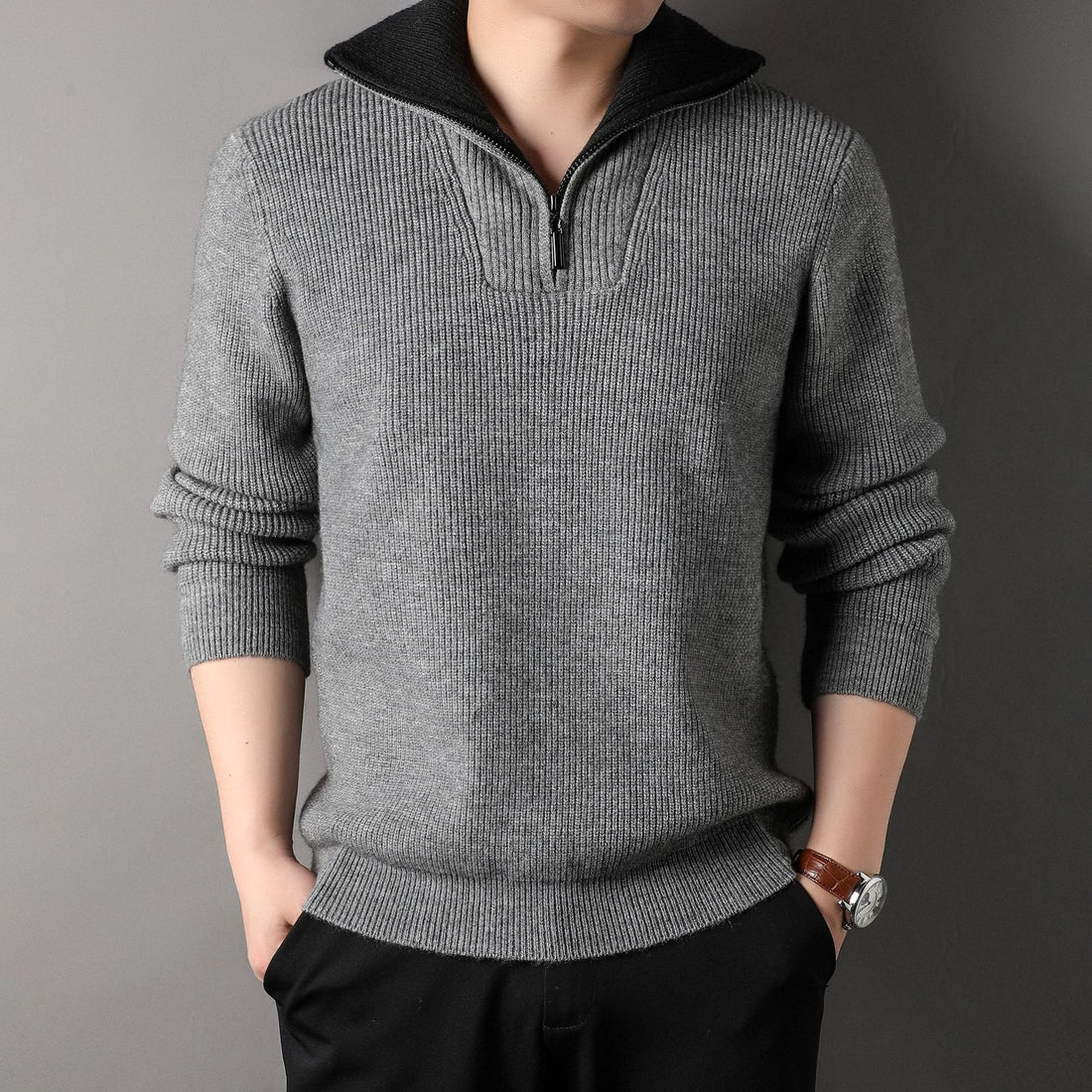 Men’s Pullover Sweater – Relaxed Fit – Ribbed Knit Wool – Zipper Standing Collar