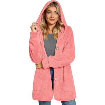 Women’s Hooded Cardigan – Plush Furry Texture – Oversized Fit – Button Front – Pocketed