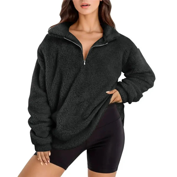 Women’s Fleece Pullover – Oversized Fit – Half Zip – Stand Collar – Soft Warm Layer