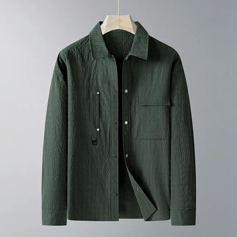 Men’s Jacket – Loose Fit – Textured Fabric – Pointed Lapel – Chest Pockets – D-Ring Accent