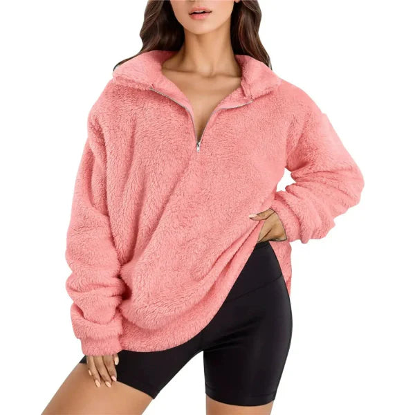 Women’s Fleece Pullover – Oversized Fit – Half Zip – Stand Collar – Soft Warm Layer