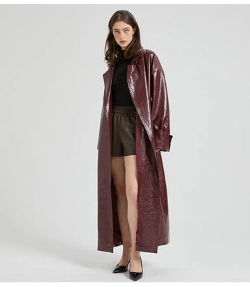 Women’s Trench Coat – Glossy Vegan Leather – Slim Fit – Full Length – Belted Waist