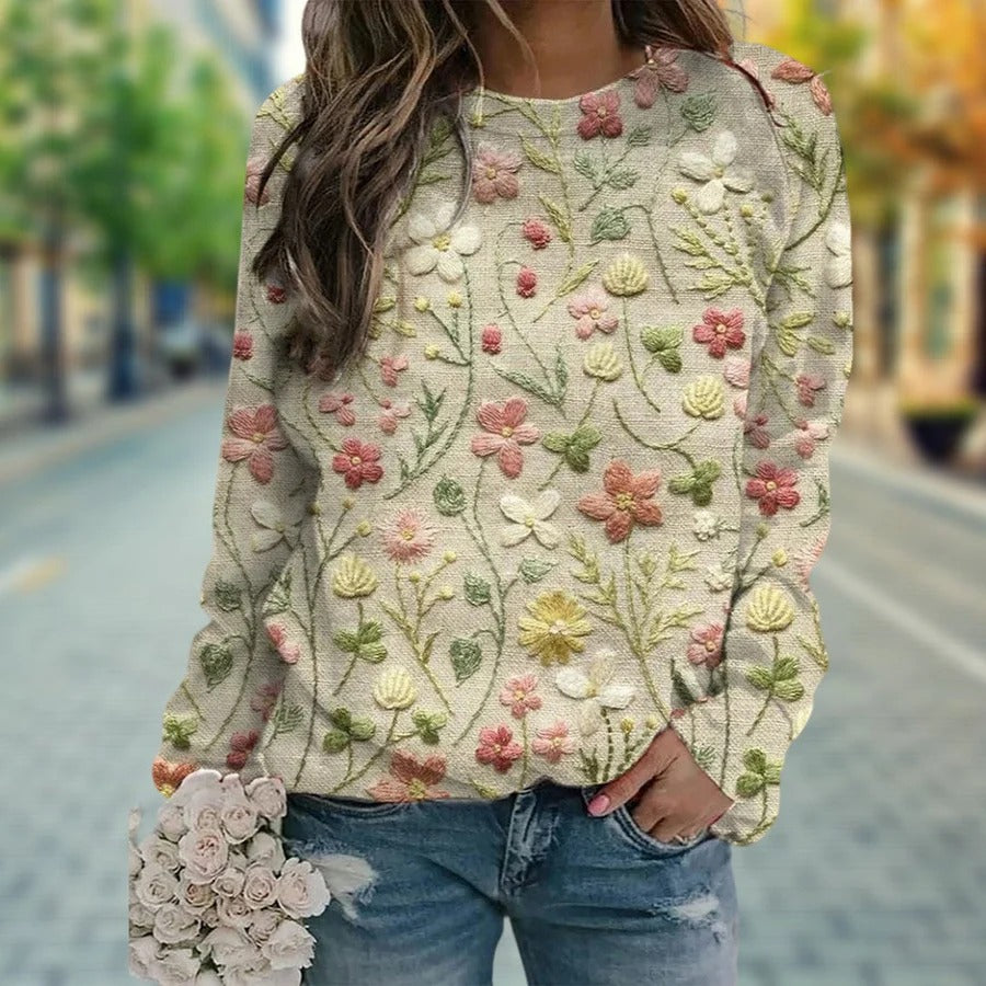 Women’s Pullover Sweatshirt – Relaxed Fit – Knitted Texture – Floral Embroidered Pattern