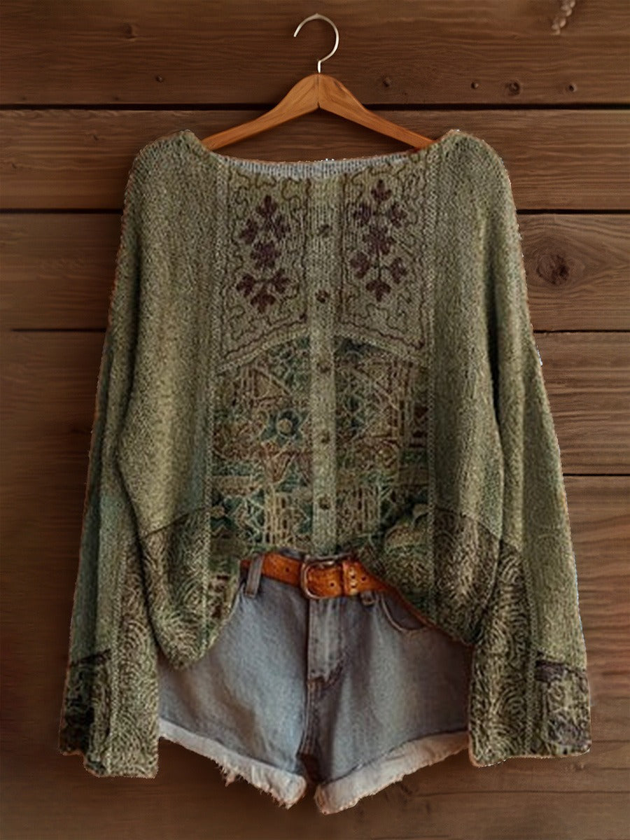 Women’s Sweatshirt - Knitted Fabric - Oversized Fit - Wide Round Neck - Bell Sleeves