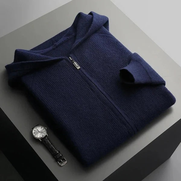 Men’s Zip Hoodie – Wool Knit – Relaxed Fit – Ribbed Hem and Cuffs – Full Zip