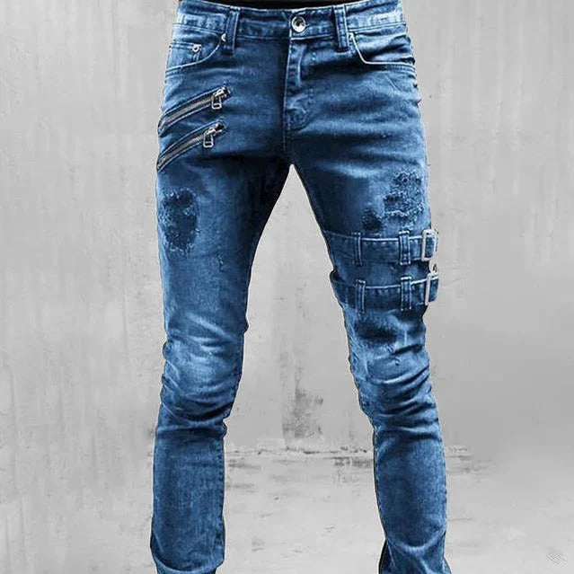 Men’s Slim Fit Jeans – Distressed Denim – Zipper Details – Gothic Buckle Accents