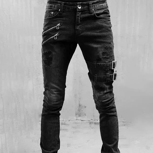 Men’s Slim Fit Jeans – Distressed Denim – Zipper Details – Gothic Buckle Accents