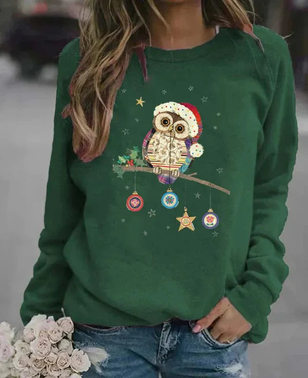 Women’s Sweatshirt – Relaxed Fit – Cotton Blend – Long Sleeve – Owl Holiday Print
