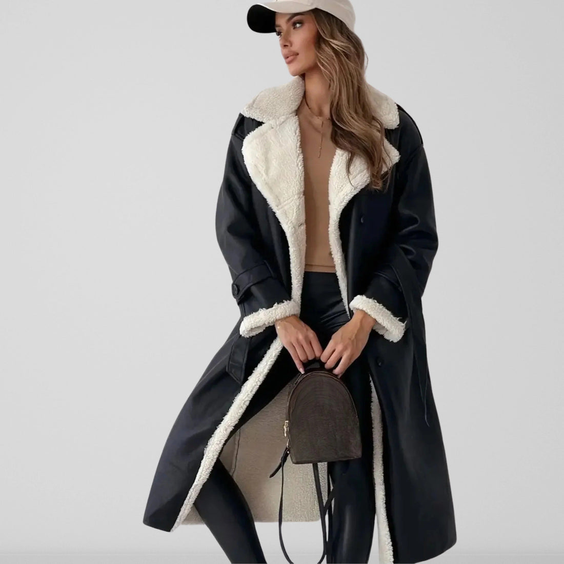 Women’s Long Coat – Wool-Like Fabric – Oversized Fit – Plush Lined Collar & Cuffs