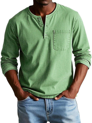 Men’s Long Sleeve Top – Classic Fit – Cotton Feel – Crew Neck with Button Placket – Chest Pocket