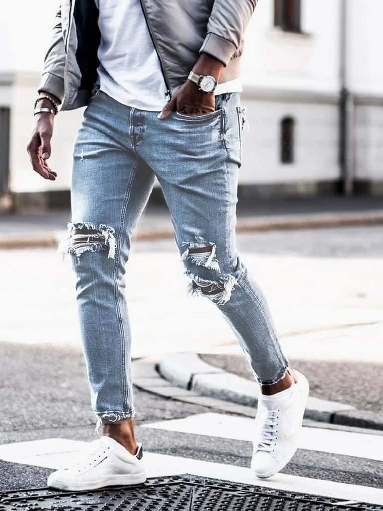 Men’s Jeans – Slim Fit – Distressed Denim – Full Length – Casual Rugged Style