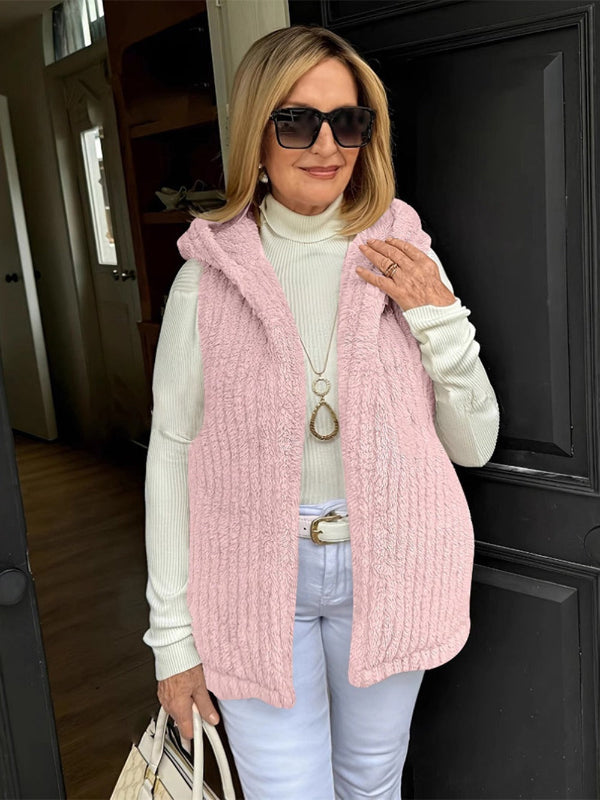 Women’s Hooded Vest – Fuzzy Plush Fabric – Relaxed Fit – Sleeveless Open Front