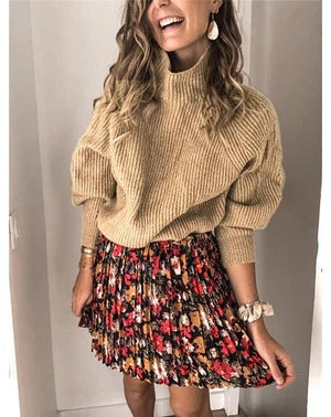 Women’s Knit Pullover – Relaxed Fit – High Neck – Ribbed Wool – Drop Shoulder – Long Sleeve