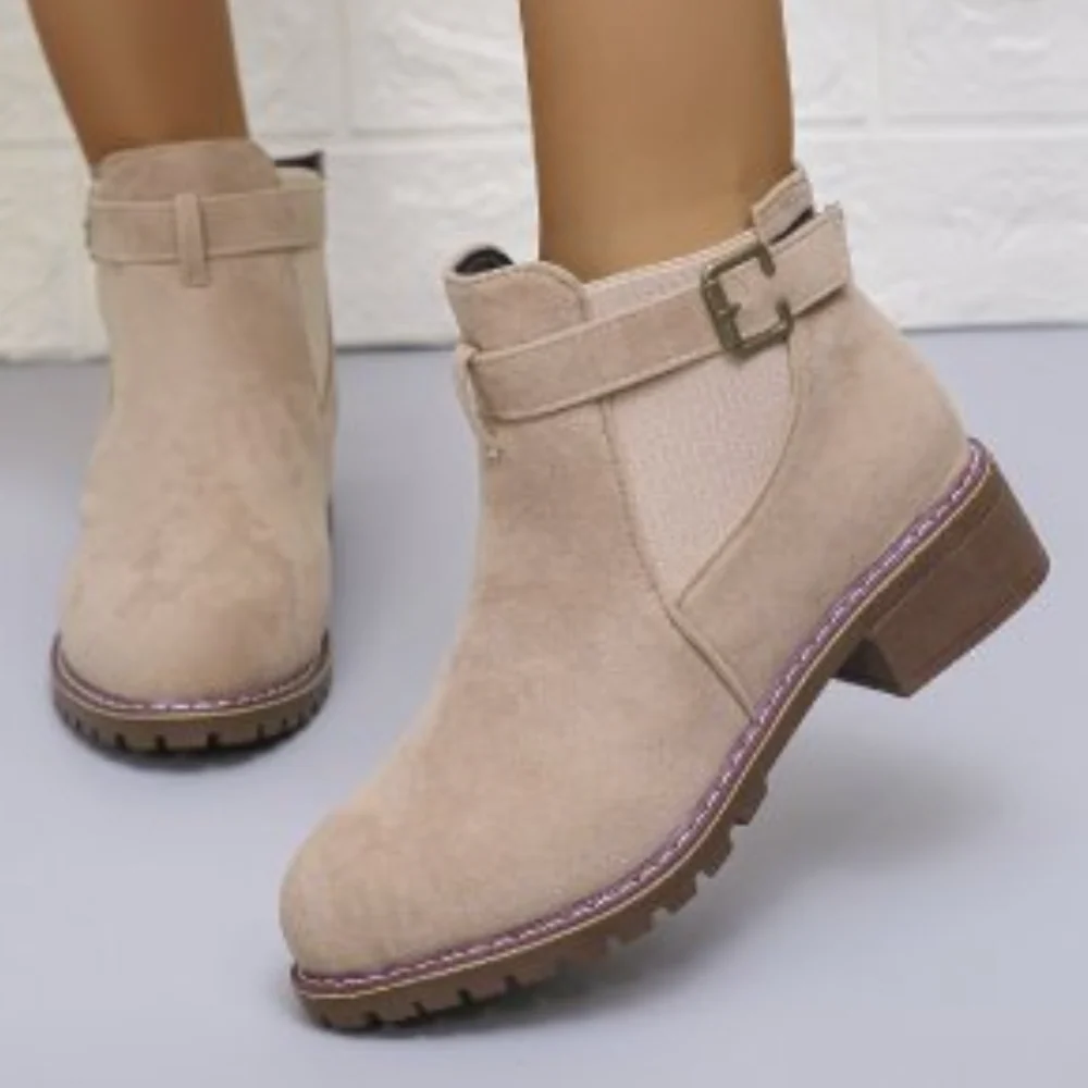 Women’s Ankle Boots – Suede Texture – Buckle Strap – Elastic Panel – Gripped Sole