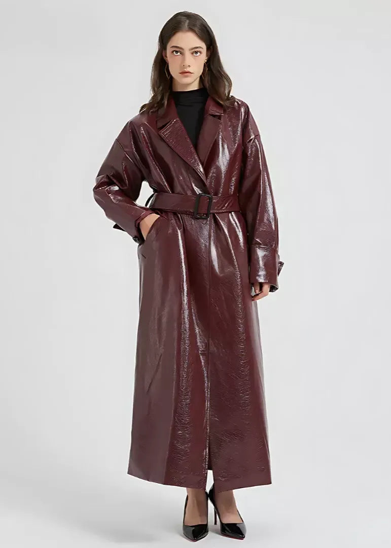 Women’s Trench Coat – Glossy Vegan Leather – Slim Fit – Full Length – Belted Waist