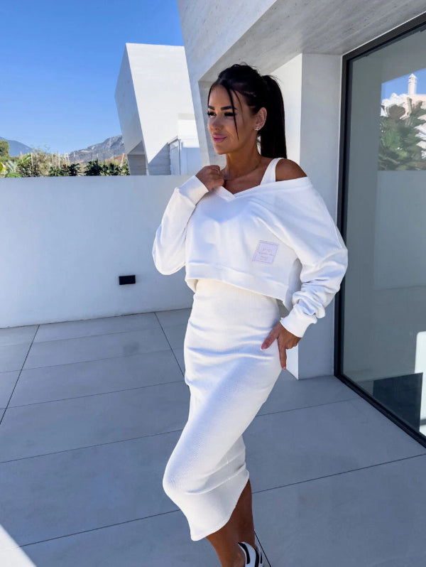 Women’s Sweatshirt Dress Set – Cotton Blend – Slim Fit – V-Neck Top – Midi Skirt