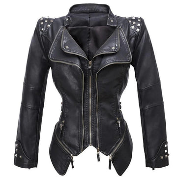 Women’s Biker Jacket – Slim Fit – Faux Leather – Studded Shoulders – Zip Closure
