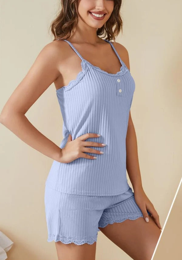 Women’s Sleepwear Set – Ribbed Camisole and Shorts – Lace Trim – Relaxed Fit