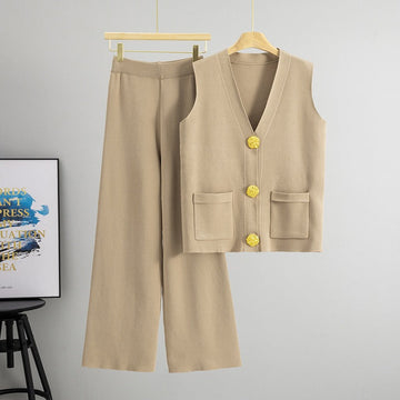 Women’s Two-Piece Set – Knitted Vest with Buttons – Wide-Leg Pull-On Trousers