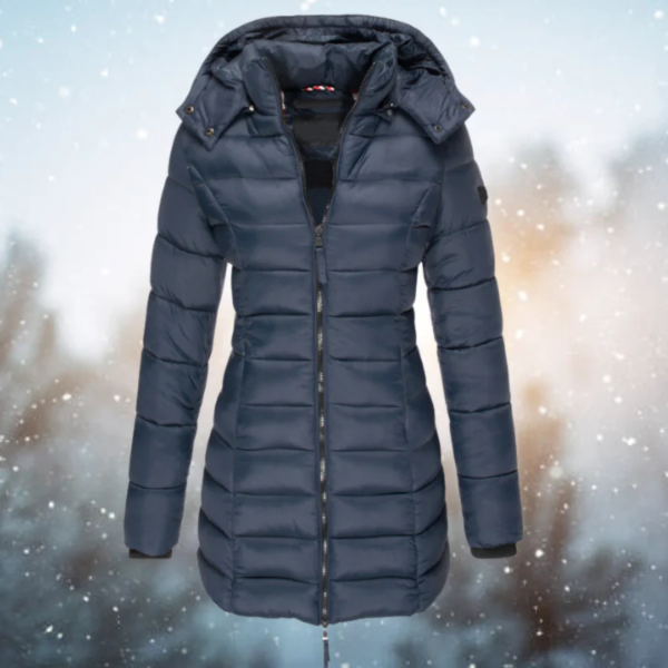 Women’s Long Puffer Jacket – Slim Fit – Quilted Warmth – Water-Resistant – Detachable Hood