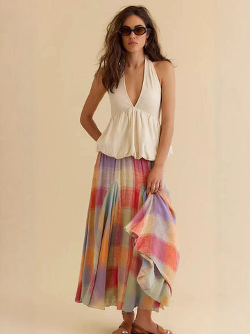 Women’s Midi Skirt – Flowy Fit – Checked Pattern – Cotton – Casual Draped Style