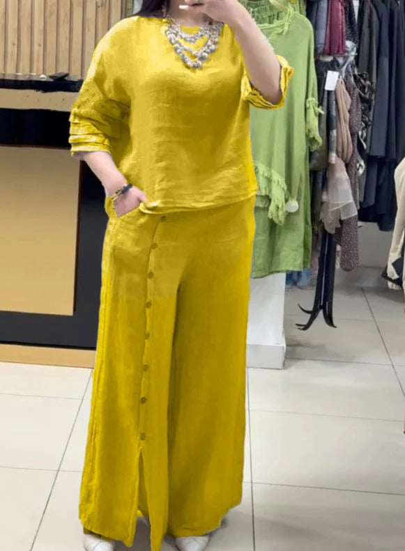 Women’s Two-Piece Set – Linnen – Relaxed Fit Top – Wide-Leg Pants with Side Buttons