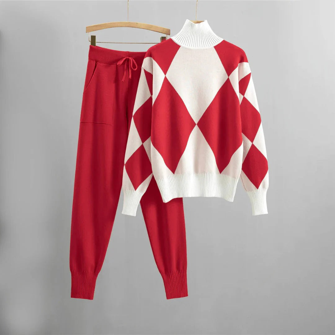 Women’s Sweater and Pants Set – Relaxed Fit Knit – Argyle Pattern – Drawstring Waist