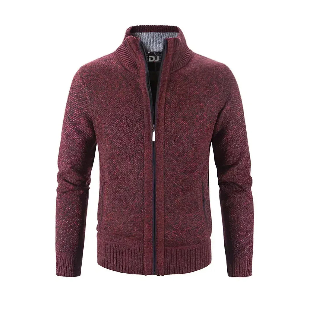 Men’s Zip-Up Cardigan – Slim Fit – Wool Knit – Ribbed Cuffs – Contrast Trim