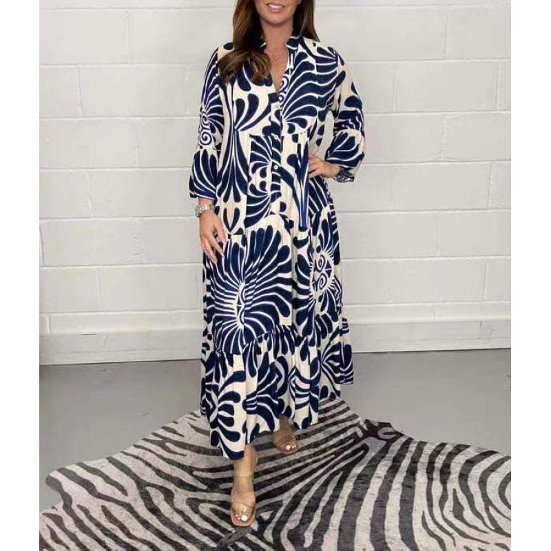 Women’s Midi Dress – Chiffon – Loose Fit – V-Neck – Pleated – Printed – 3/4 Sleeve