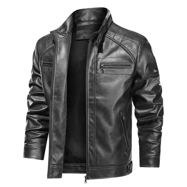 Men’s Biker Jacket – Slim Fit – Faux Leather – Quilted Shoulders – Zipper Pockets