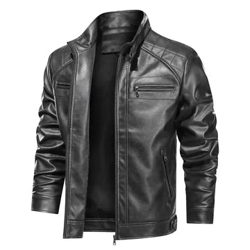 Men’s Biker Jacket – Slim Fit – Faux Leather – Quilted Shoulders – Zipper Pockets