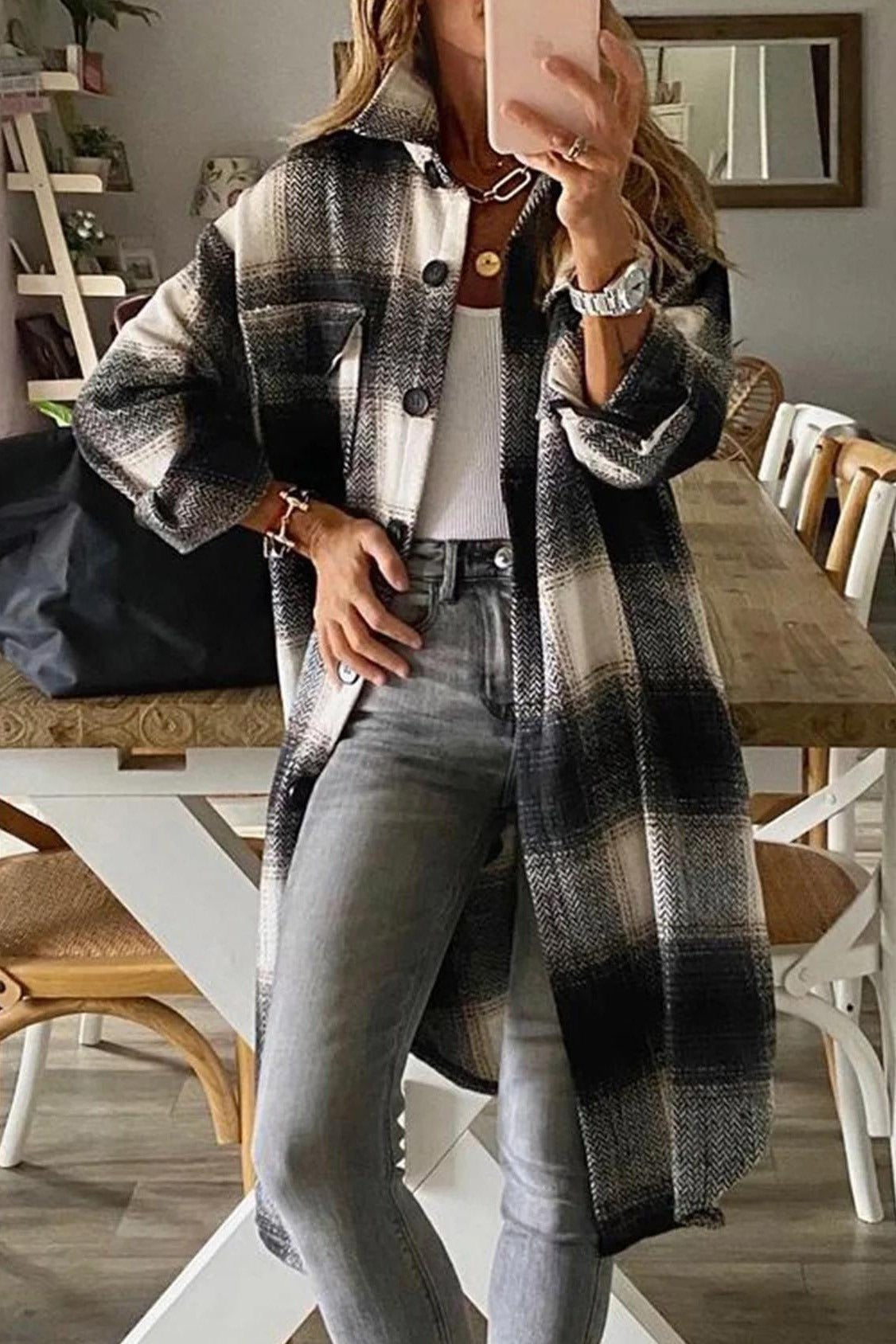 Women’s Shirt Jacket – Oversized Fit – Wool Texture – Plaid – Long Length – Button Front