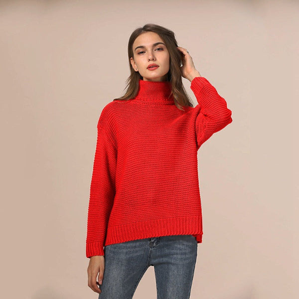 Women’s Knitted Sweater – Chunky Wool Blend – Relaxed Fit – Turtleneck Ribbed Trim