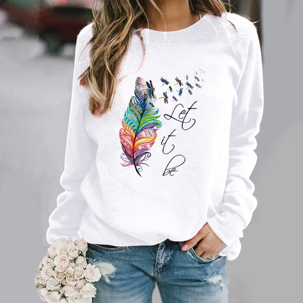 Women’s Sweatshirt – Relaxed Fit – Crew Neck – Feather Print – Long Sleeve Cotton Blend